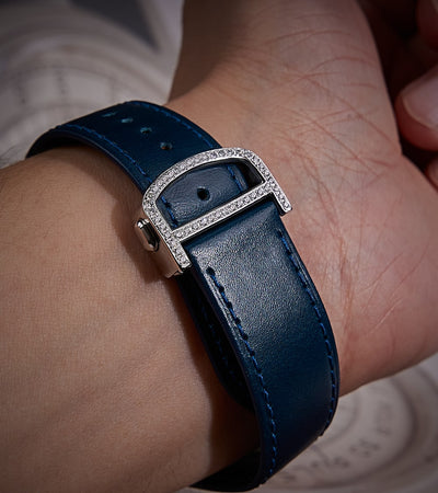 Cartier Santos Large - Steel - Custom Diamond-Set with Navy Calfskin Strap