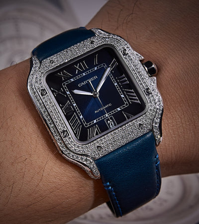 Cartier Santos Large - Steel - Custom Diamond-Set with Navy Calfskin Strap