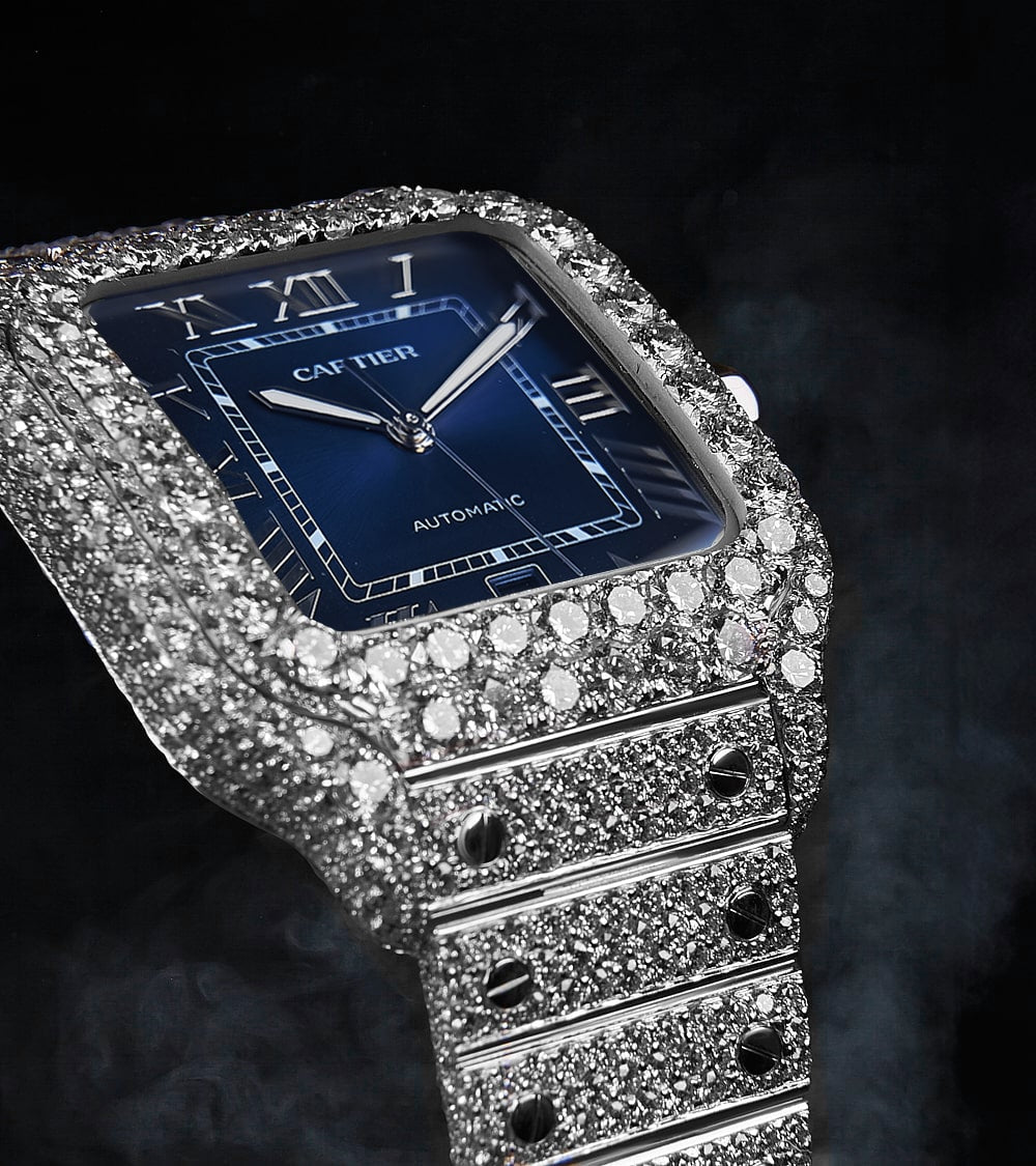 Cartier Santos Large - Steel - Custom Diamond-Set with Blue Dial