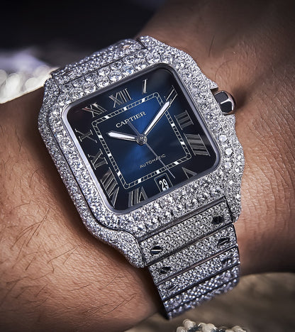 Cartier Santos Large - Steel - Custom Diamond-Set with Blue Dial