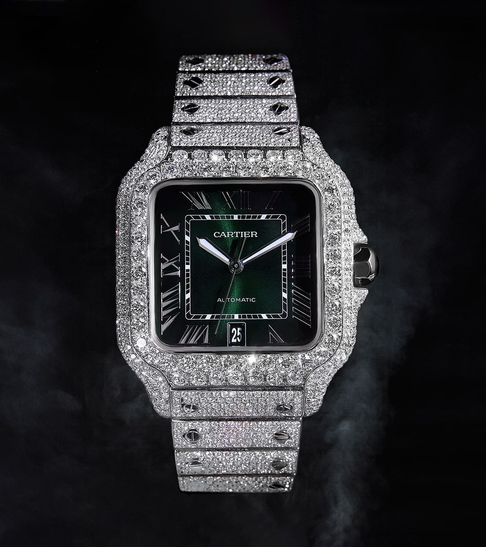 Image of a Custom Cartier Santos Large watch with a green dial, fully diamond-set by Cagau.