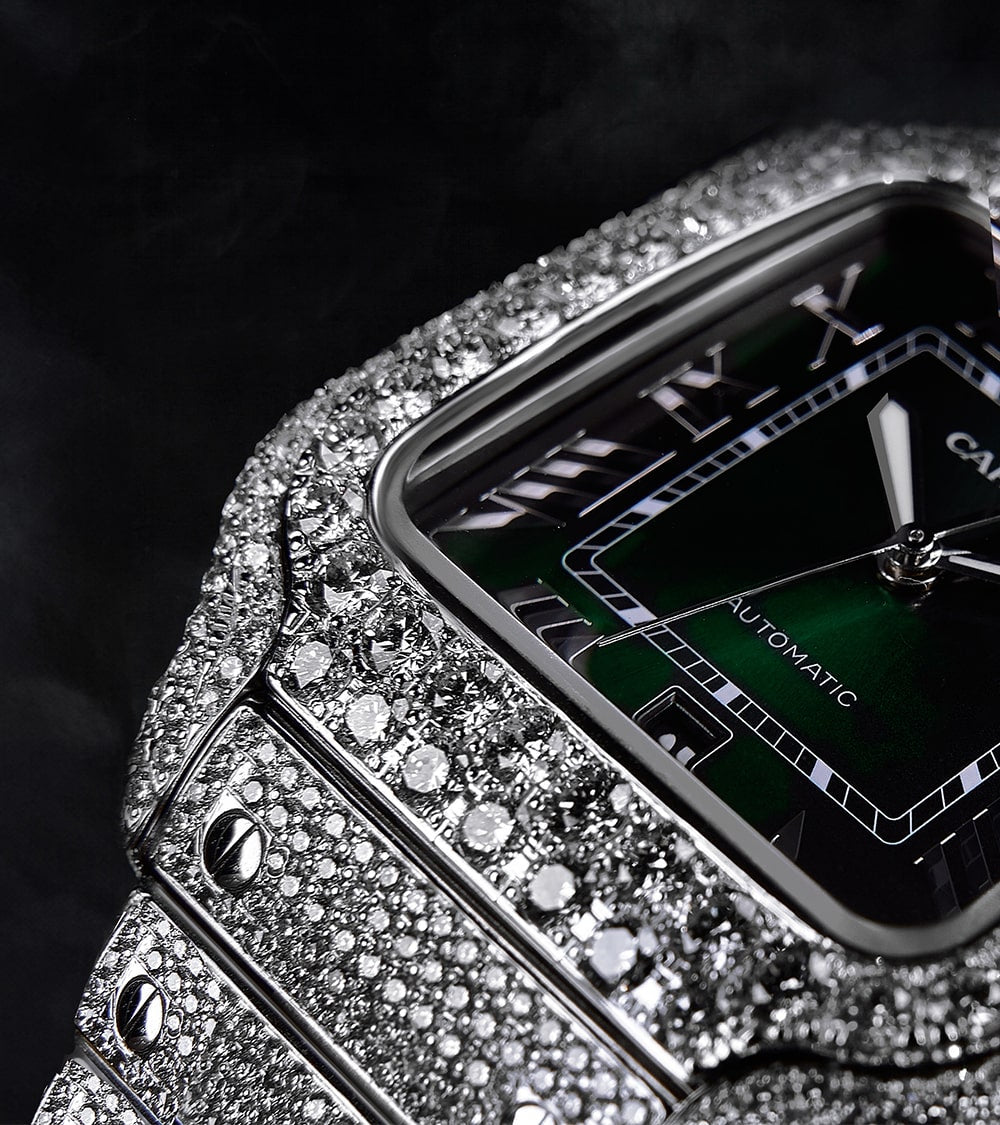 Image of a Custom Cartier Santos Large watch with a green dial, fully diamond-set by Cagau.