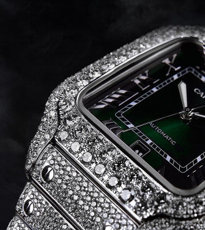 Image of a Custom Cartier Santos Large watch with a green dial, fully diamond-set by Cagau.