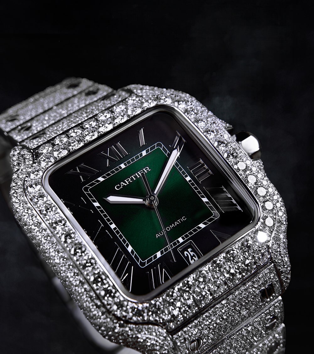 Image of a Custom Cartier Santos Large watch with a green dial, fully diamond-set by Cagau.