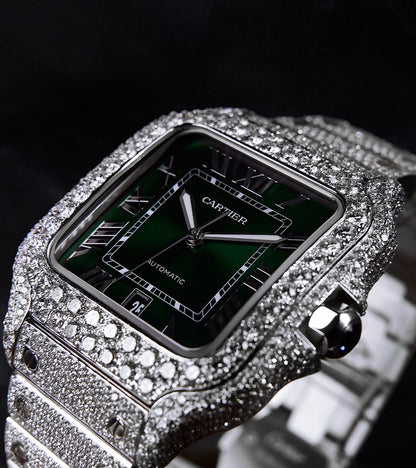 Image of a Custom Cartier Santos Large watch with a green dial, fully diamond-set by Cagau.