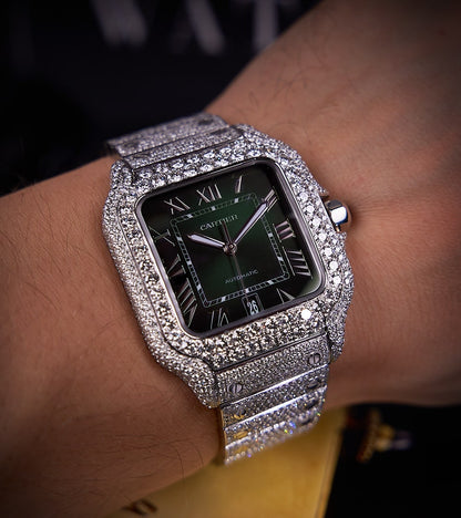 Cartier Santos Large - Steel - Custom Diamond-Set with Green Dial