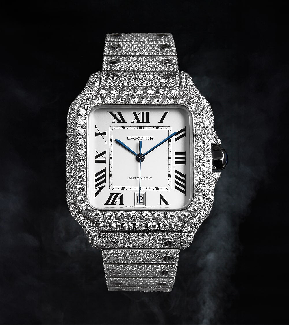 Cartier Santos Large - Steel - Custom Diamond-Set with White Roman Dial - Blue Swords