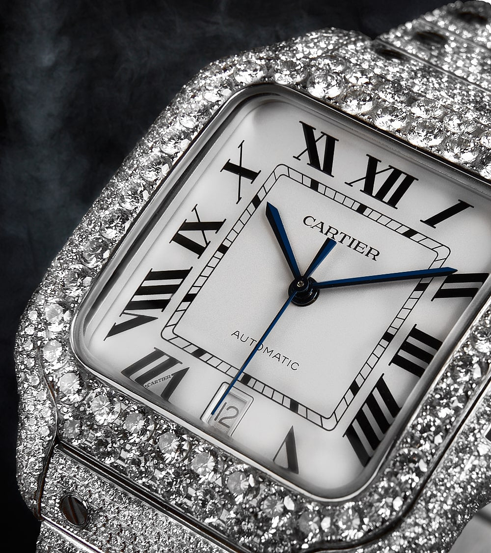 Cartier Santos Large - Steel - Custom Diamond-Set with White Roman Dial - Blue Swords