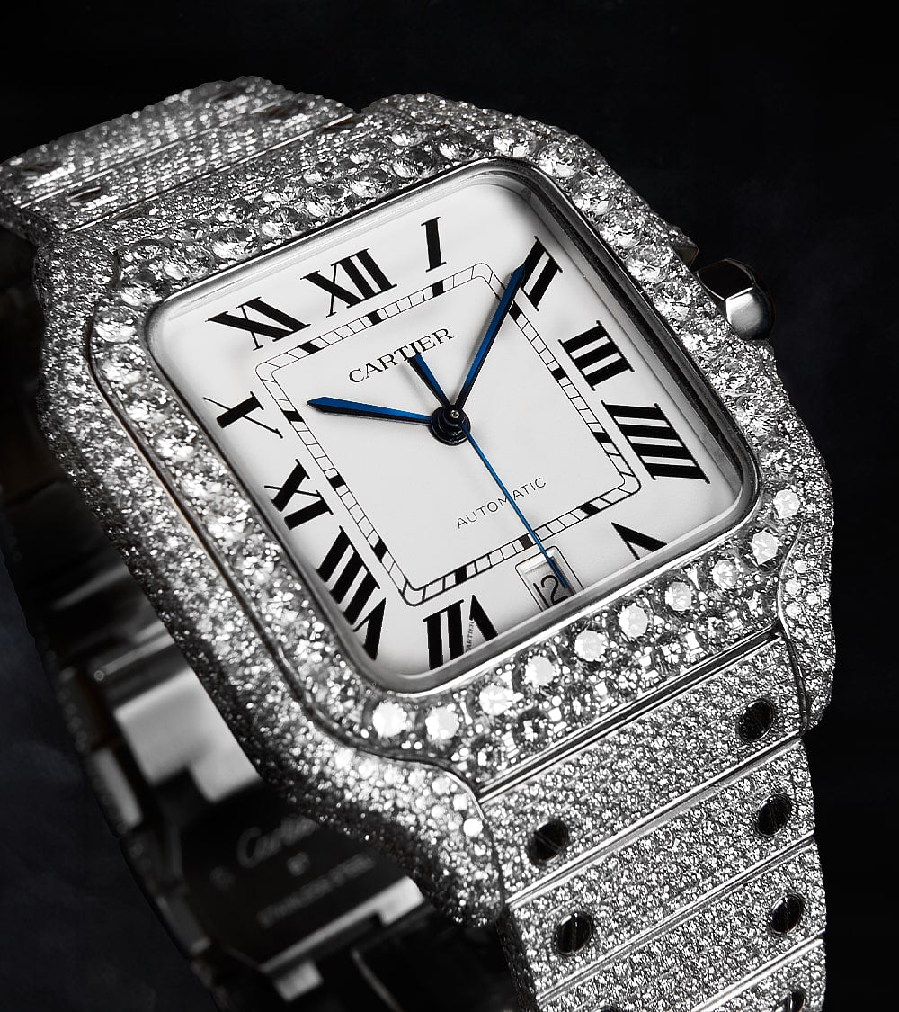 Cartier Santos Large - Steel - Custom Diamond-Set with White Roman Dial - Blue Swords