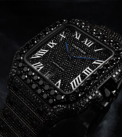 Cartier Santos Large - PVD de diamantes negros personalizado - Esfera de diamantes negros con espadas azules