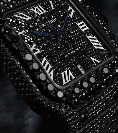 Cartier Santos Large - PVD de diamantes negros personalizado - Esfera de diamantes negros con espadas azules