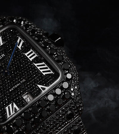 Cartier Santos Large - PVD de diamantes negros personalizado - Esfera de diamantes negros con espadas azules