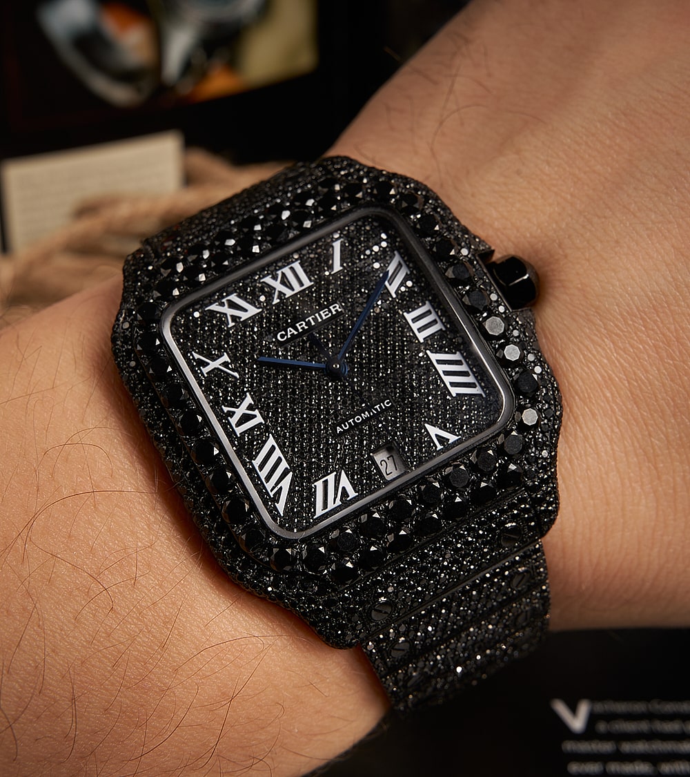 Cartier Santos Large - Custom Black Diamond PVD - Black Diamond Dial with Blue Swords