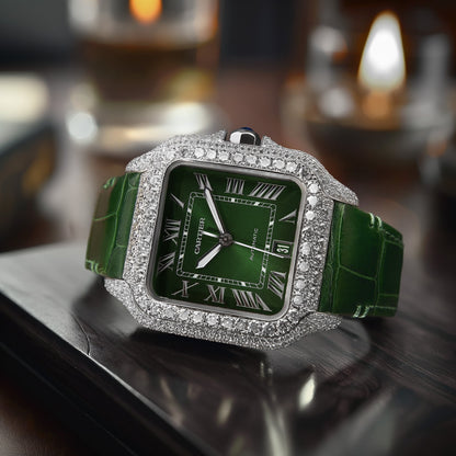 Cartier Santos Large - Steel - Custom Diamond-Set with Green Alligator Bracelet