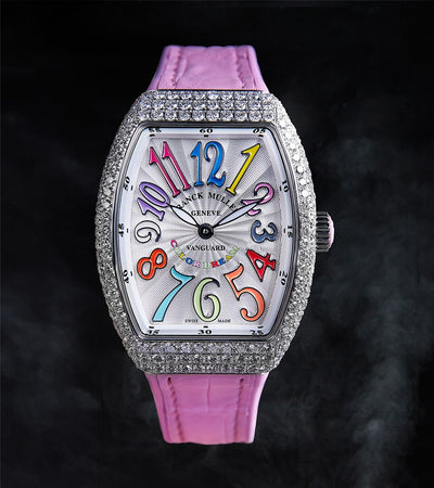 Franck Muller - Vanguard Lady 32 mm - White "Color Dreams" Dial - Pink Strap - Custom Diamond-Set