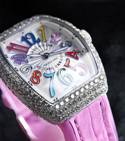 Franck Muller - Vanguard Lady 32 mm - White "Color Dreams" Dial - Pink Strap - Custom Diamond-Set