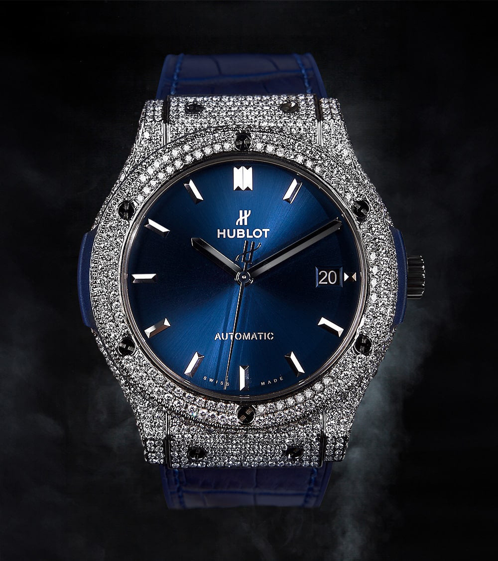 Image of a Hublot Classic Fusion 45 mm watch in titanium blue, custom-set with diamonds by Cagau.