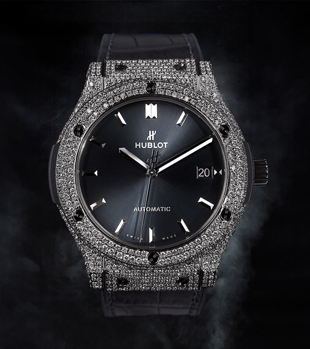 Hublot Classic Fusion 42 mm Racing Grey Titanium watch with custom diamond-set bezel, showcasing luxury design and craftsmanship.