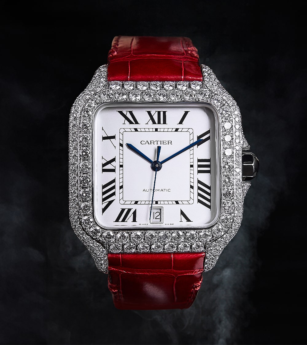 Cartier Santos Large - Steel - Custom Diamond-Set with Red Alligator Bracelet