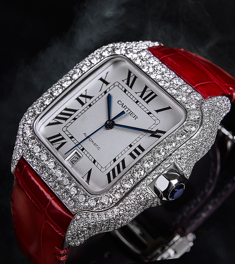 Cartier Santos Large - Steel - Custom Diamond-Set with Red Alligator Bracelet