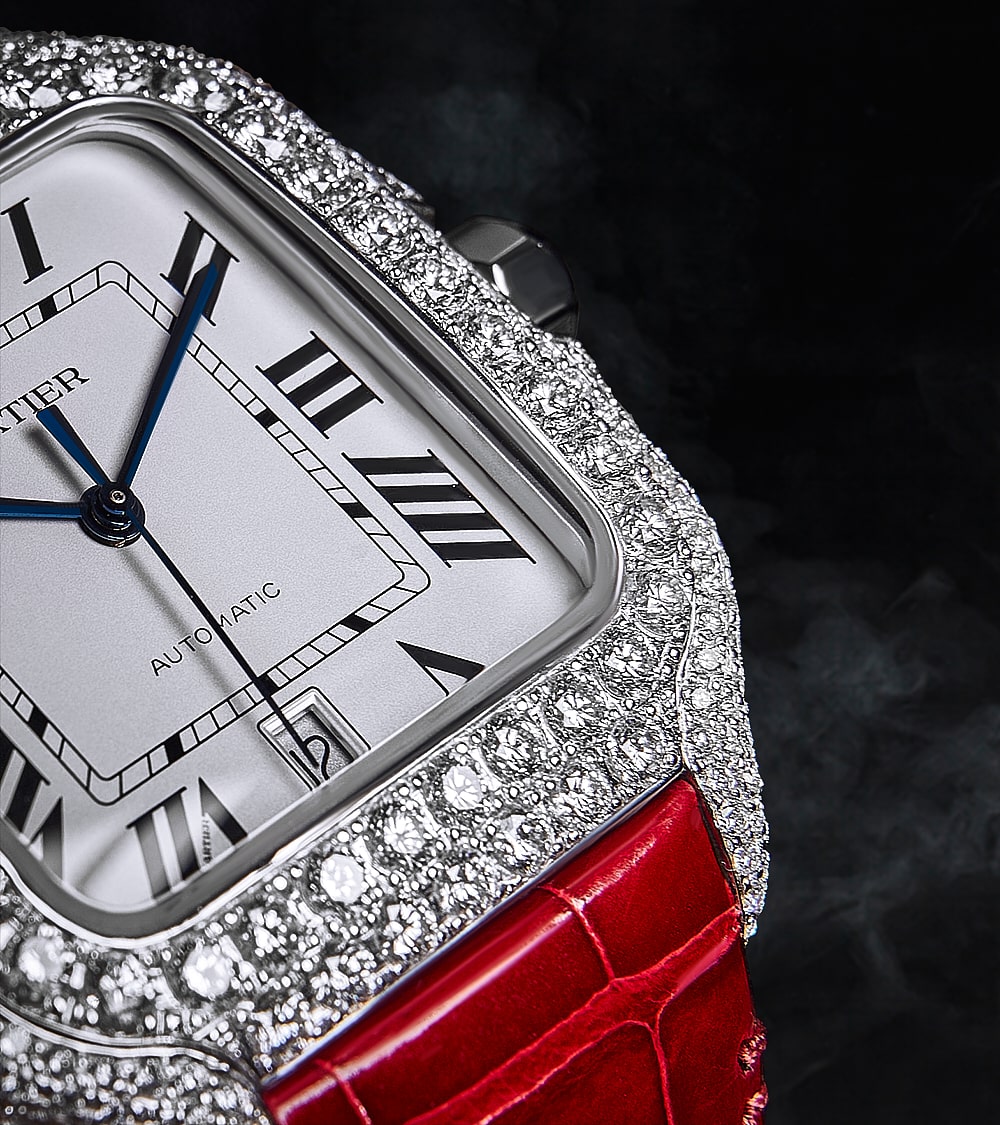 Cartier Santos Large - Steel - Custom Diamond-Set with Red Alligator Bracelet