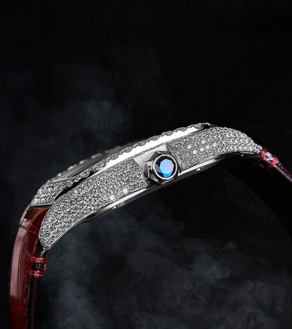 Cartier Santos Large - Steel - Custom Diamond-Set with Red Alligator Bracelet