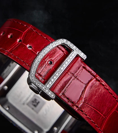 Cartier Santos Large - Steel - Custom Diamond-Set with Red Alligator Bracelet