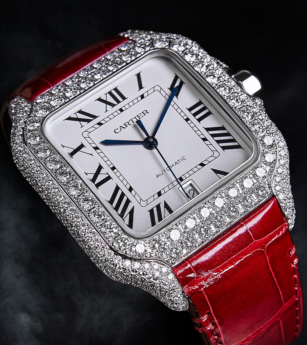 Cartier Santos Large - Steel - Custom Diamond-Set with Red Alligator Bracelet