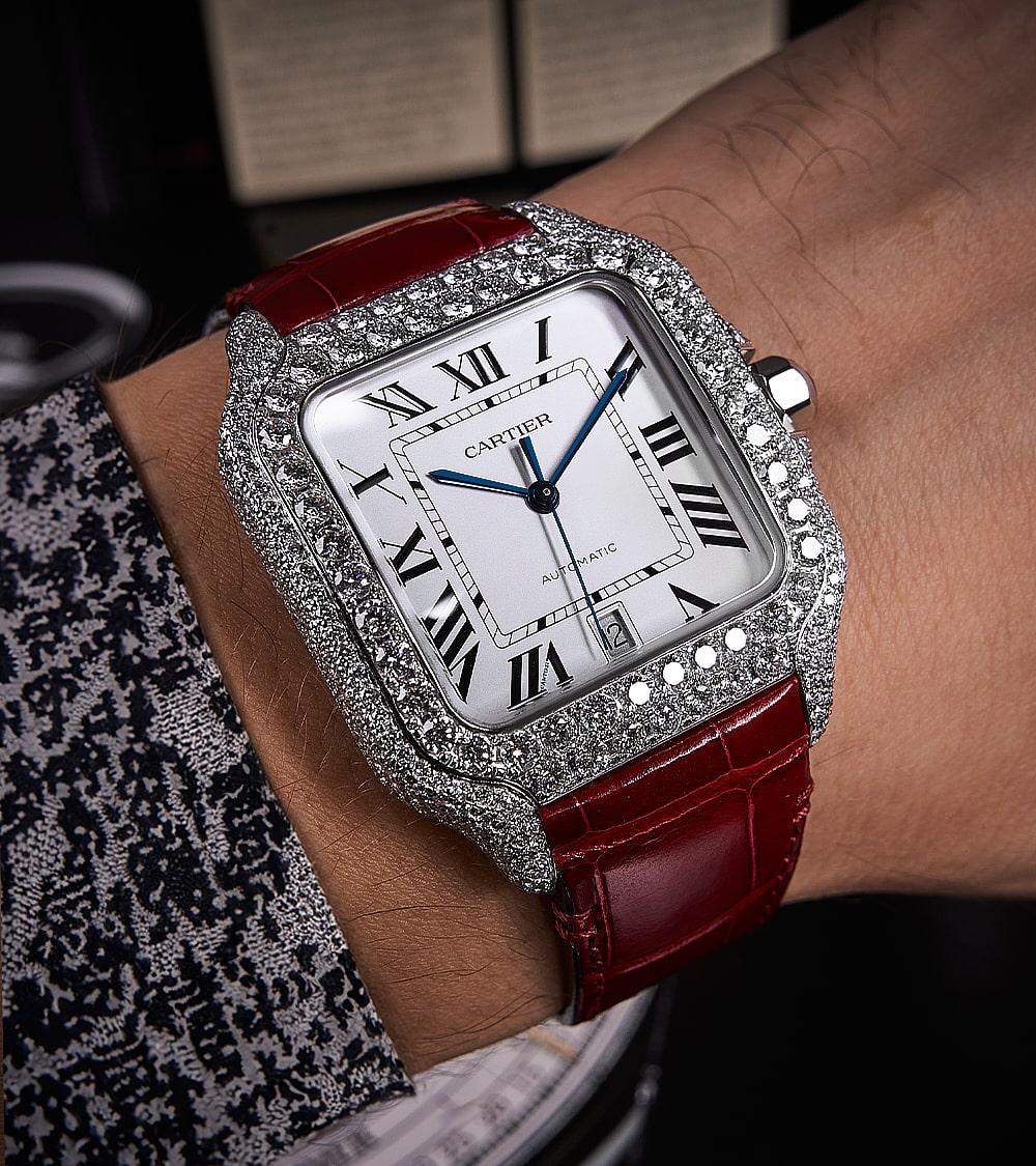 Cartier Santos Large - Steel - Custom Diamond-Set with Red Alligator Bracelet