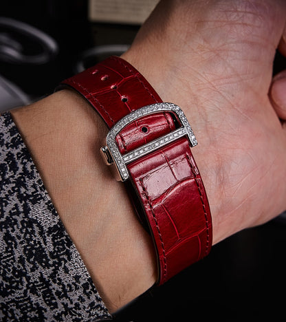 Cartier Santos Large - Steel - Custom Diamond-Set with Red Alligator Bracelet