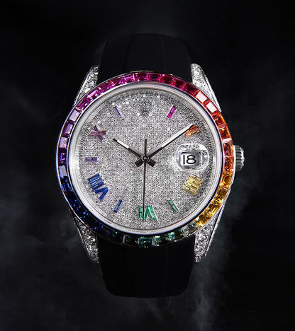 Image of Custom Rolex Datejust 41, custom diamond-set with a Rainbow Bezel and Dial by Cagau