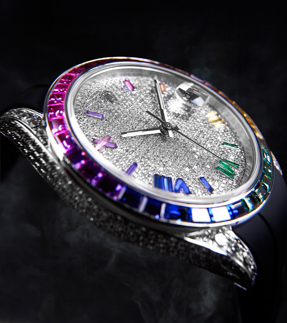 Image of Custom Rolex Datejust 41, custom diamond-set with a Rainbow Bezel and Dial by Cagau