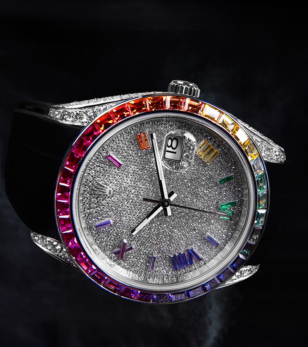 Image of Custom Rolex Datejust 41, custom diamond-set with a Rainbow Bezel and Dial by Cagau