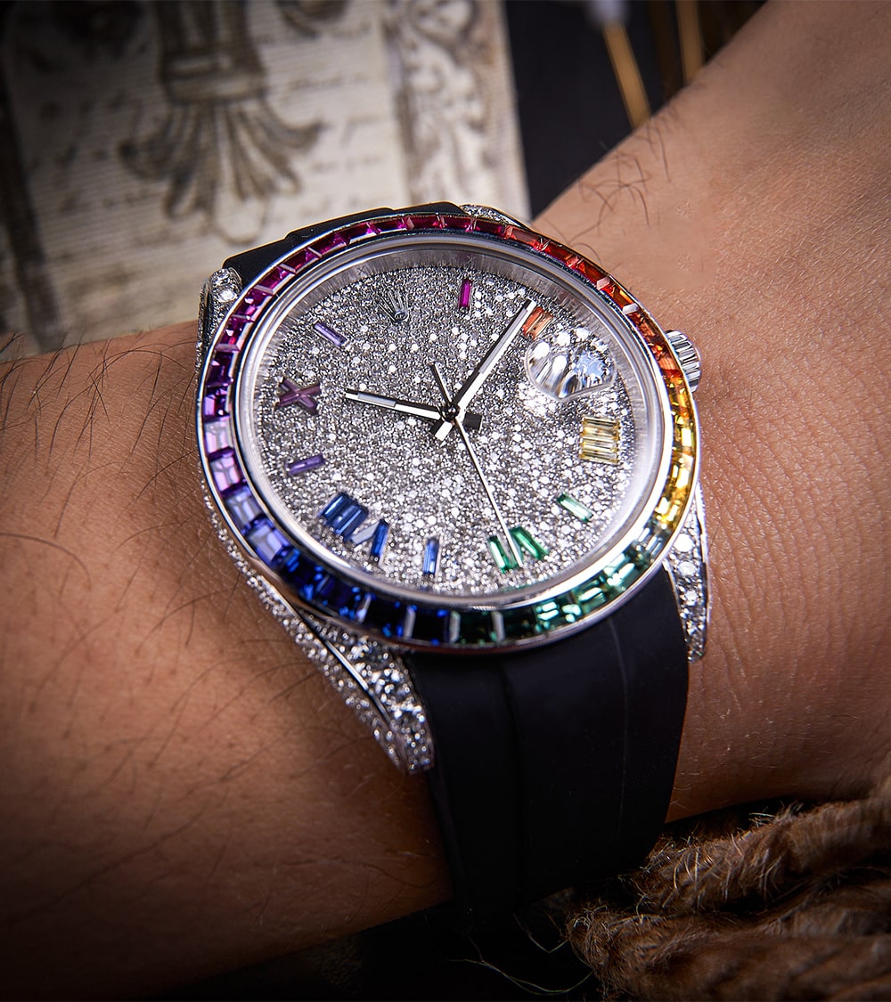 Image of Custom Rolex Datejust 41, custom diamond-set with a Rainbow Bezel and Dial by Cagau