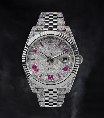 Image of a Rolex Datejust 41 with a custom diamond-set case and bracelet featuring a dial with ruby-colored Roman numeral markers by Cagau.