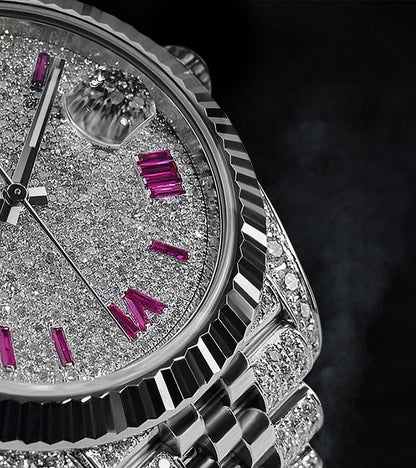 Image of a Rolex Datejust 41 with a custom diamond-set case and bracelet, featuring a dial with ruby-colored Roman numeral markers by Cagau.