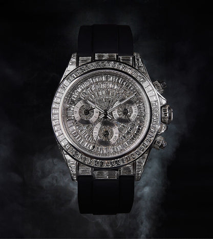 Image of a fully custom Rolex Daytona set with baguette diamonds in 18k white gold by Cagau