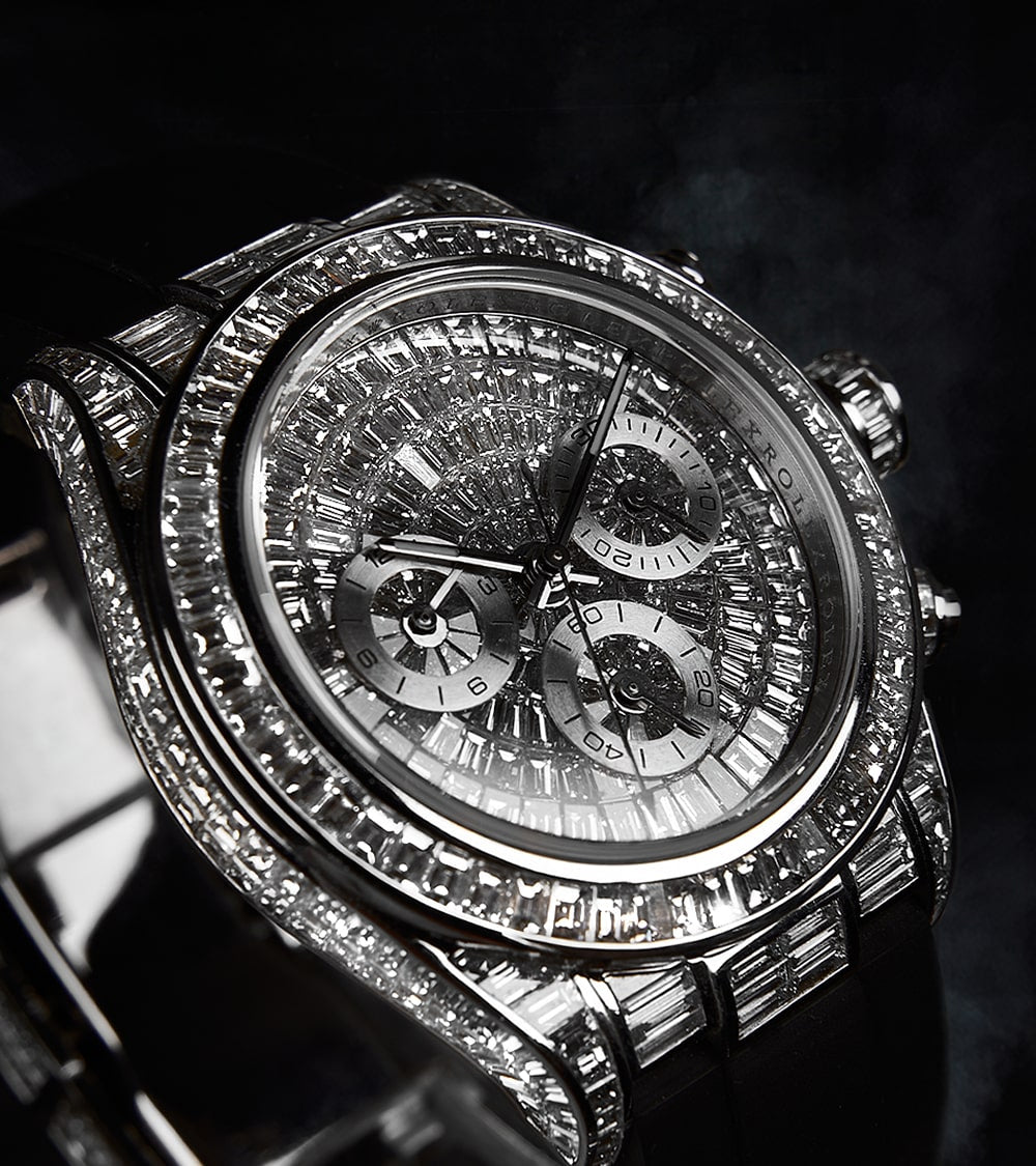 Image of a fully custom Rolex Daytona set with baguette diamonds in 18k white gold by Cagau