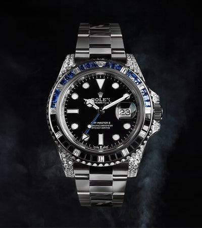 Rolex GMT-Master II 40 mm - Oystersteel - Diamantes personalizados "Batman" engastados con bisel de piedras preciosas azules y negras