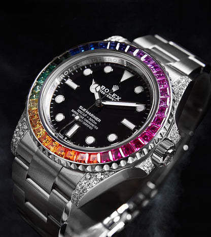 Image of a Rolex Submariner 41mm with a black dial and a custom rainbow bezel by Cagau.