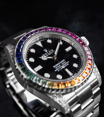 Image of a Rolex Submariner 41mm with a black dial and a custom rainbow bezel by Cagau.