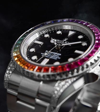 Image of a Rolex Submariner 41mm with a black dial and a custom rainbow bezel by Cagau.