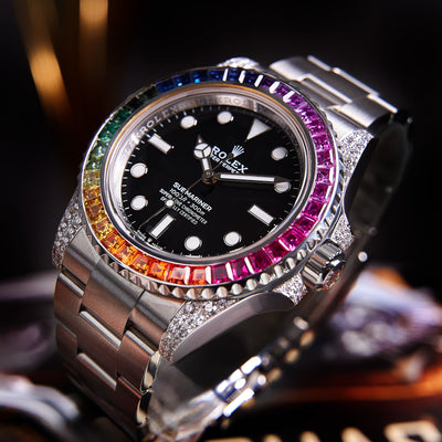 Rolex Submariner 41 mm - Oystersteel - Oyster - Personalizado con bisel engastado con diamantes y arco iris