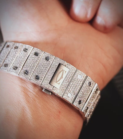 Cartier Santos Large - Acero - Diamantes totalmente personalizados engastados con números romanos y espadas azules