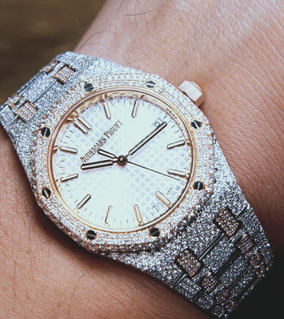 Audemars Piguet - Royal Oak 34 mm - Stainless Steel & Rose Gold - Silver “Grande Tapisserie” Dial - Custom Diamond-Set