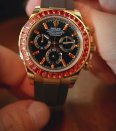 Rolex Daytona 40 mm - Oro amarillo - Esfera de cronógrafo personalizada y bisel naranja - Oysterflex