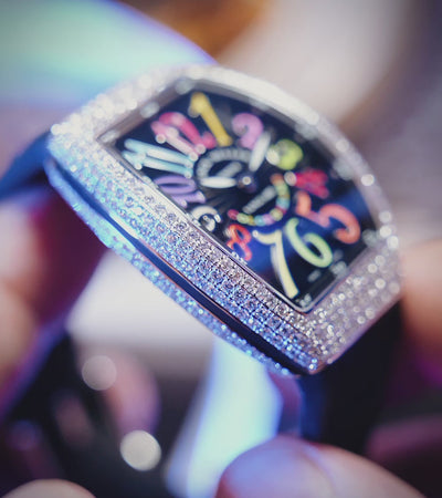 Franck Muller - Vanguard Lady 32 mm - Black "Color Dreams" Dial - Custom Diamond-Set - Black Strap