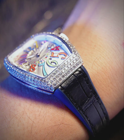 Franck Muller - Vanguard 35 mm - White "Color Dreams" Dial - Custom Diamond-Set - Blue Strap