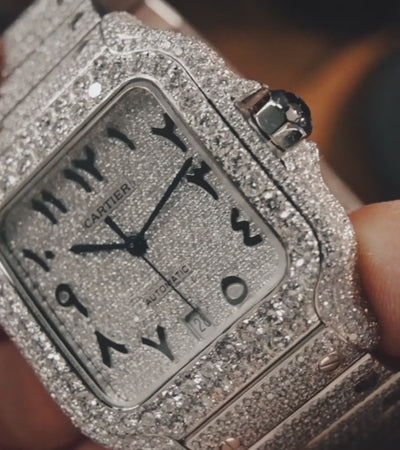Cartier Santos Large - Reloj personalizado con diamantes engastados y esfera árabe - Espadas azules