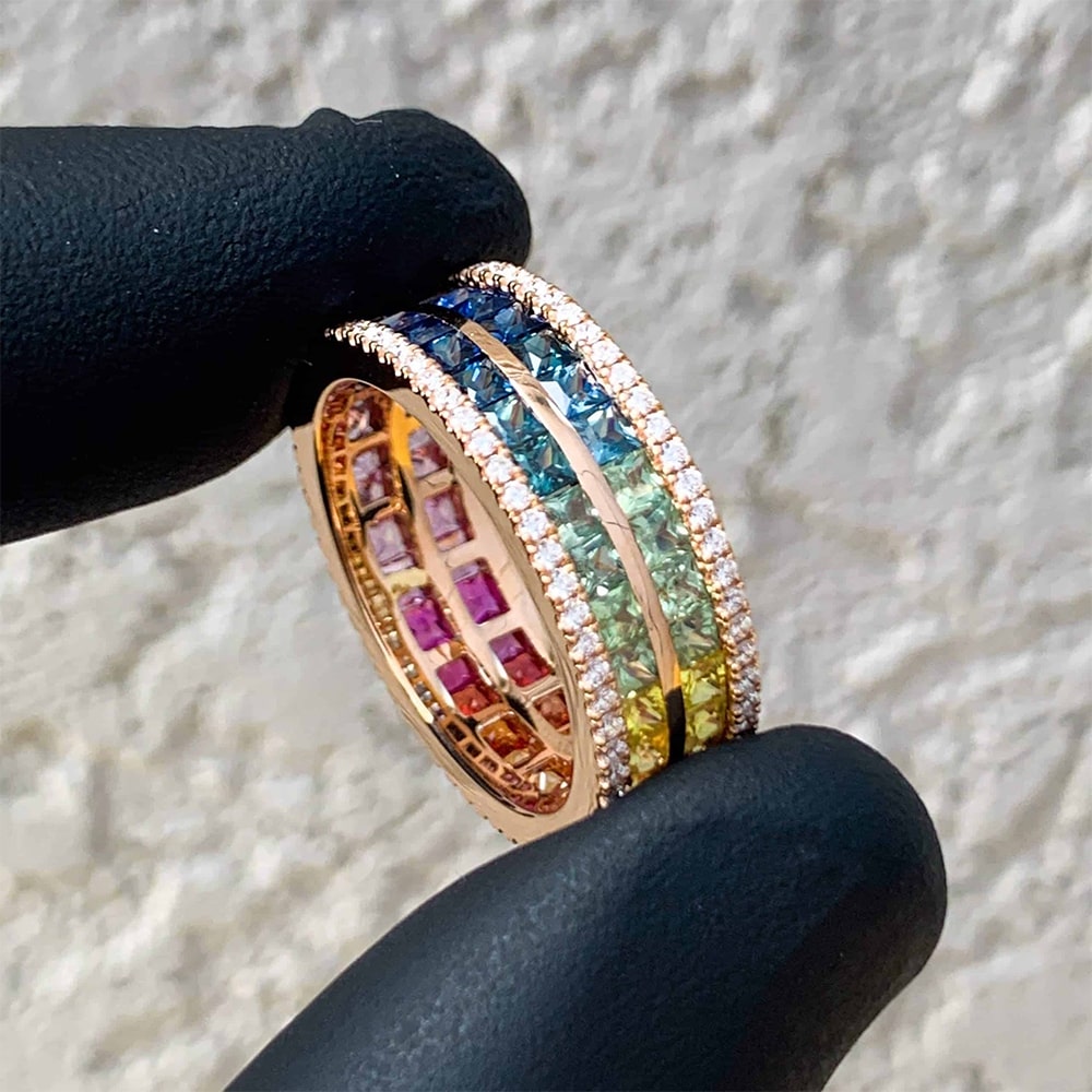 Wedding Band - Emerald Cut Diamond & Sapphire Eternity Ring in 14K White  Gold